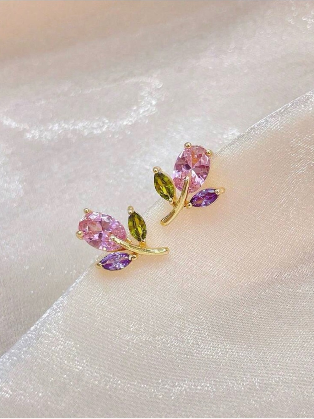 Gold Plated Pink & Purple Leaf Crystal Stud Earrings